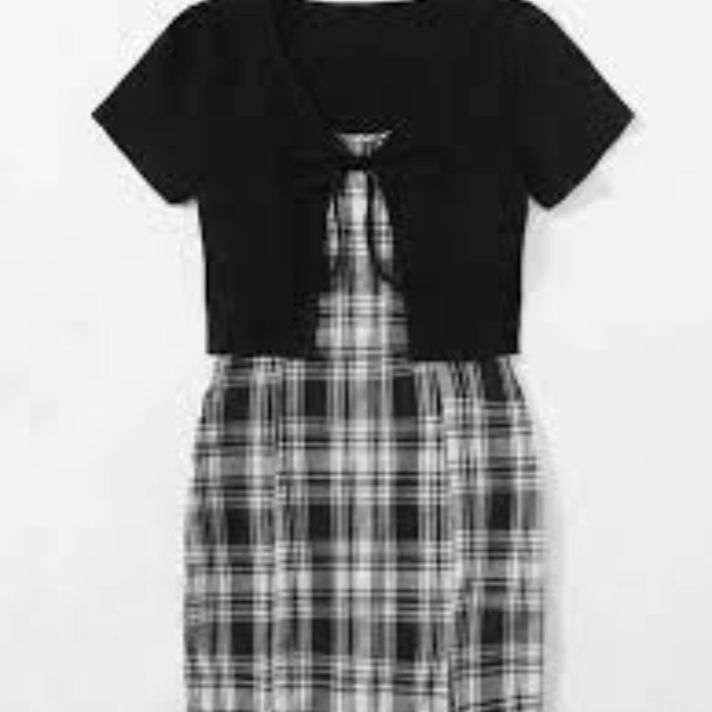 Solid Ribbed Tie Front Crop Top & Plaid Dress